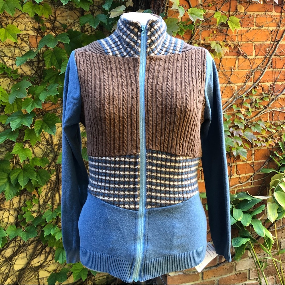 Patchwork Upcycled Sweater Blue Brown Small Medium Zip Up Wool Cotton